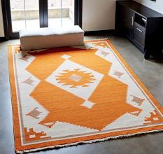 Hand Knotted Orange And Ivory Wool Rug